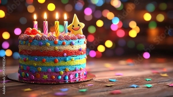 Obraz Birthday Cake : Colorful birthday cake with candles and festive decorations. AI-generated.