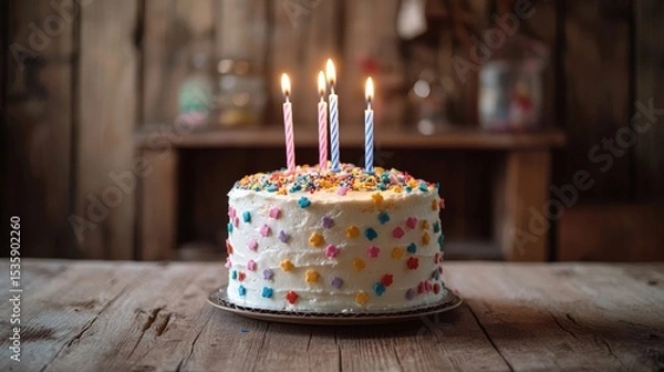 Obraz Birthday Cake : Birthday cake with candles on a rustic wooden table. AI-generated.