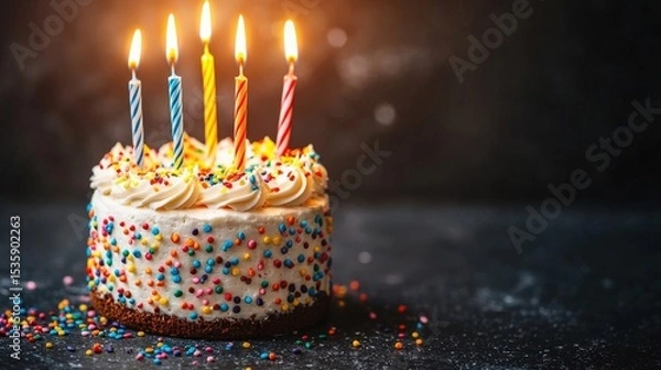 Obraz Birthday Cake : Birthday cake with lit candles and colorful sprinkles. AI-generated.