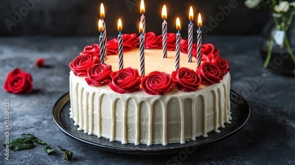 Obraz Birthday Cake : Delicious cake with roses and candles for celebration. AI-generated.