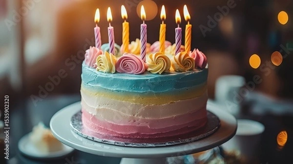 Obraz Birthday Cake : Colorful birthday cake with candles glowing on top. AI-generated.