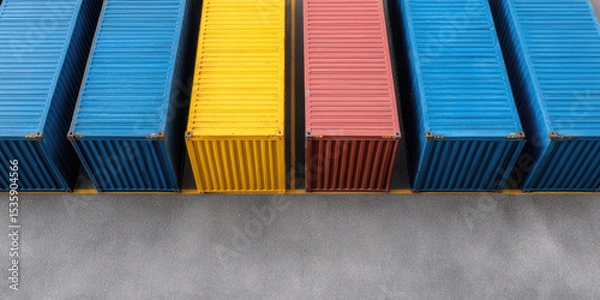 Fototapeta Colorful shipping containers are lined up in an orderly fashion on a concrete surface. Industrial logistics and transportation