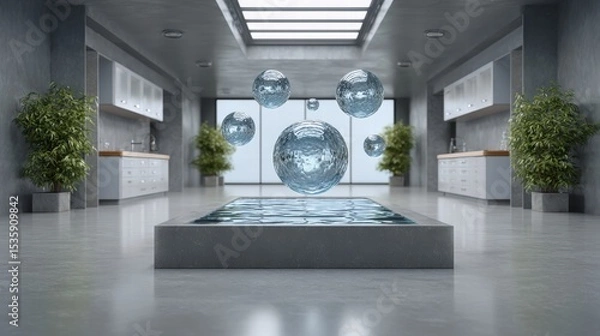 Fototapeta Experiment physics controlled concept. Modern kitchen interior featuring floating spheres and greenery, emphasizing sleek design and innovation.