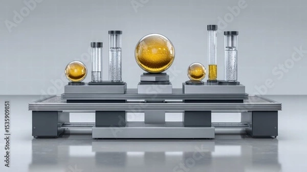 Fototapeta Experiment physics controlled concept. Modern laboratory setup featuring glassware and a globe centerpiece on a sleek surface.