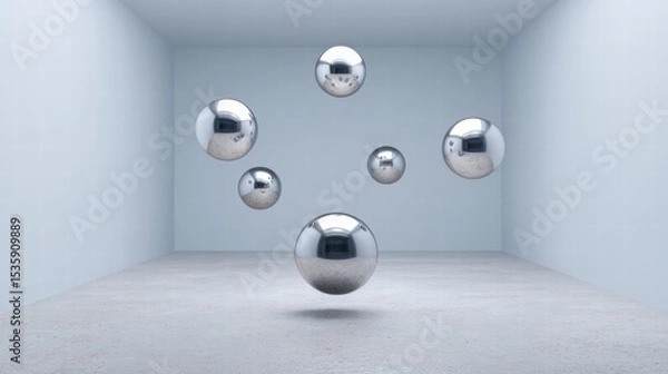 Fototapeta Experiment physics controlled concept. Floating metallic spheres in a minimalist, bright room create a futuristic ambiance.