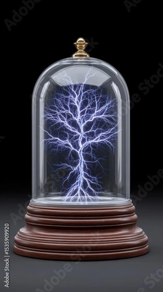 Fototapeta Experiment physics controlled concept. A glowing tree-like structure encased in glass, showcasing intricate electrical patterns.