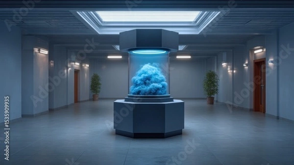 Obraz Experiment physics controlled concept. Modern interior featuring a central display with blue elements, surrounded by sleek architecture.