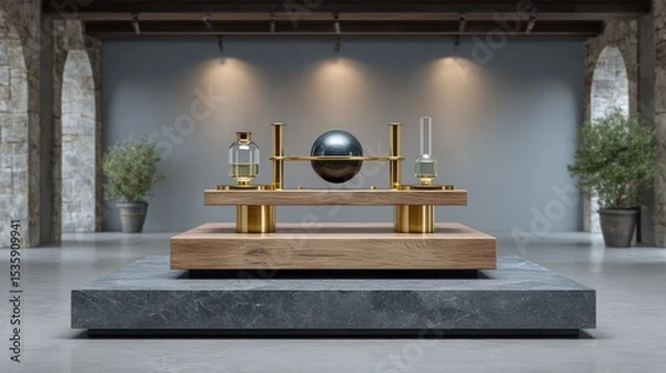 Fototapeta Experiment physics controlled concept. Sleek modern display featuring artistic objects on a textured surface in a minimalist setting.
