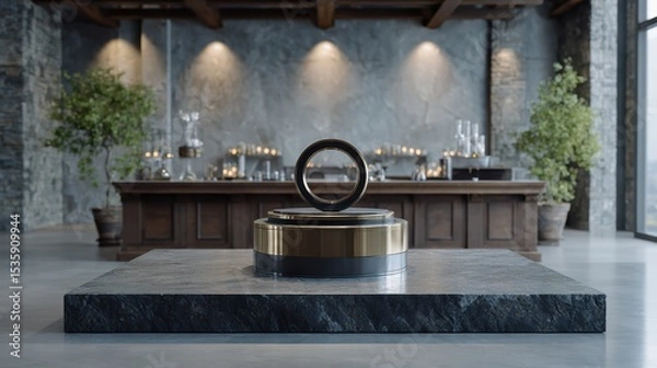 Fototapeta Experiment physics controlled concept. Modern interior featuring a sculptural centerpiece on a polished surface with a stylish bar backdrop.