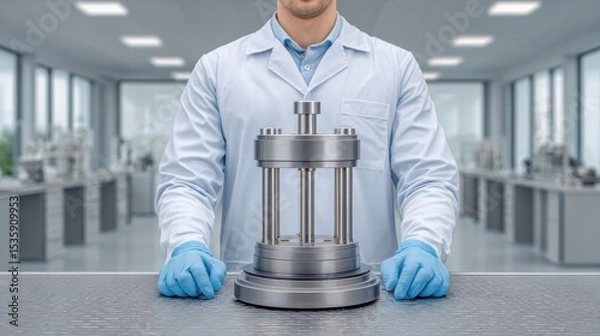 Fototapeta Experiment physics controlled concept. A researcher in a lab coat holds a metal apparatus on a workbench in a modern laboratory setting.