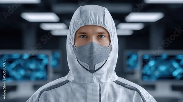 Fototapeta Experiment physics controlled concept. A person in a futuristic hooded outfit and mask stands in a high-tech environment.