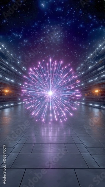 Fototapeta Experiment physics controlled concept. A vibrant explosion of light and color against a starry backdrop in a futuristic setting.