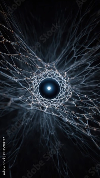 Fototapeta Experiment physics controlled concept. Abstract web-like structure with a central glowing element in a dark background.