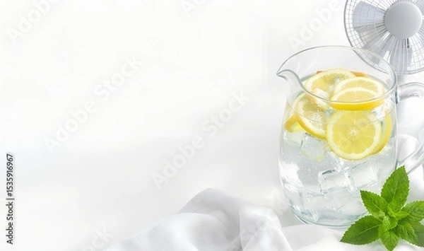 Fototapeta Refreshing summer composition with lemon mint water in glass pitcher, soft towels, and fan on white background. Ideal for wellness, spa, heatwave, or hydration themes. Clean and bright.
