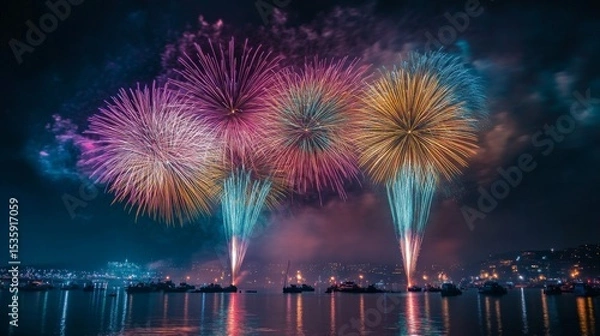 Obraz Colorful fireworks bursting near the ocean shore at night