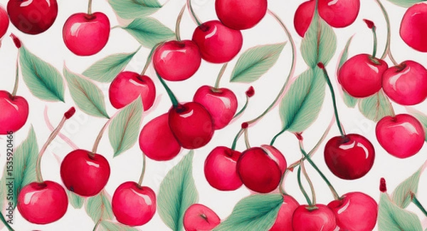 Obraz Watercolor cherry print pattern, simple background. Cherry print,  watercolor background, paper texture, hand drawn print.