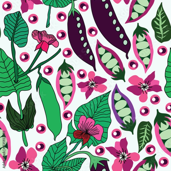 Fototapeta purple and green snap peas pods with pink flowers and leaves with pink pea seeds seamless pattern. It is good for fabric, textile, packaging, decorations, wrapping and more.