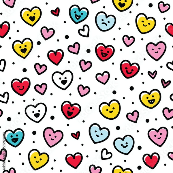 Fototapeta Colorful hearts with faces, scattered on a white background