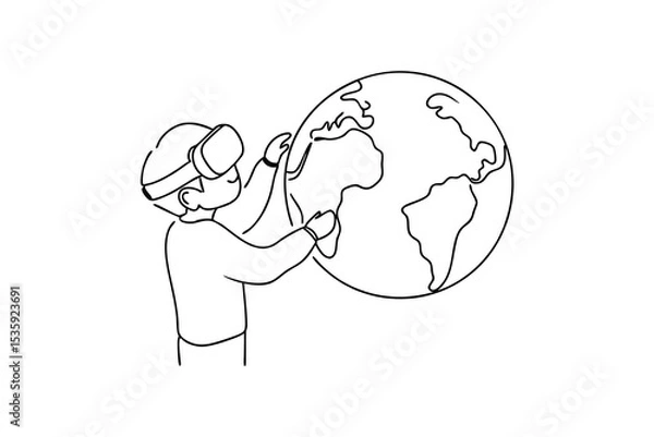 Fototapeta Person wearing vr headset exploring virtual globe continuous-line drawing