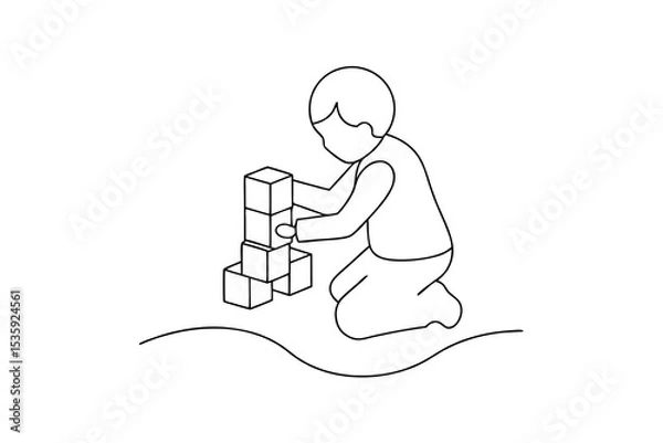 Fototapeta Child playing with blocks continuous line drawing simple illustration