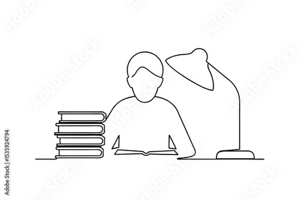 Fototapeta Person studying with books and desk lamp continuous-line drawing