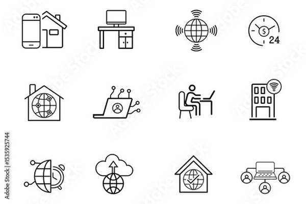 Fototapeta Work from home line icons set. Remote work, work online, freelancing, home office, digital nomad, portfolio, virtual meeting and video call icons. Editable vector illustration