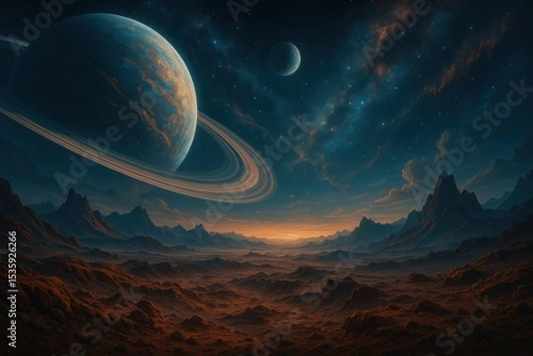 Fototapeta Futuristic Space Planet Landscape with HD Cosmic Desktop Wallpaper and Alien Environment