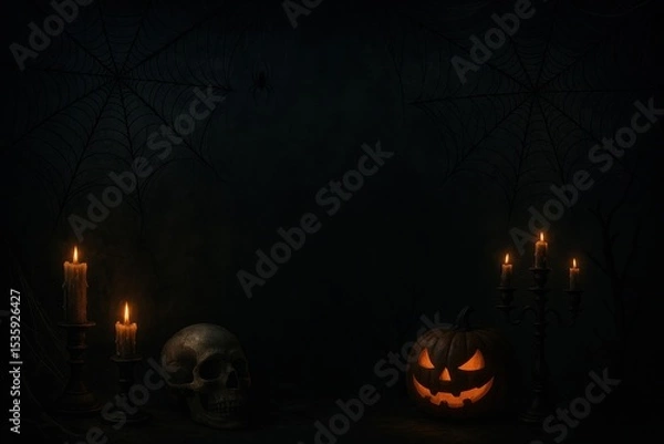 Fototapeta Halloween Spider Web Background with Black Widow and Spooky Gothic Decoration