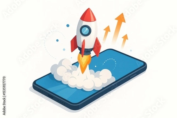 Fototapeta Smartphone Rocket Launch Concept with Mobile Startup Innovation and Technology Business Growth