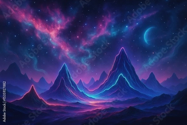 Fototapeta Surreal Neon Space Landscape with Abstract Fantasy Mountains and Cosmic Atmospheric Elements