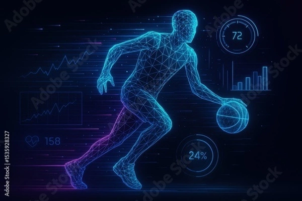 Fototapeta Wireframe Basketball Player with Dynamic Sports Technology and Athletic Performance Visualization