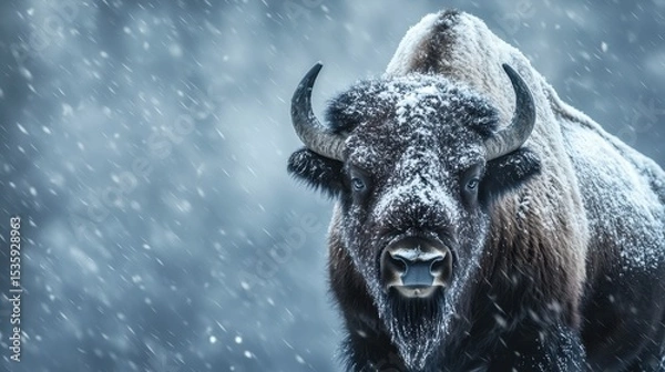 Fototapeta Majestic bison stands resilient against a fierce winter storm in Yellowstone, showcasing strength amidst swirling snowflakes and gusty winds