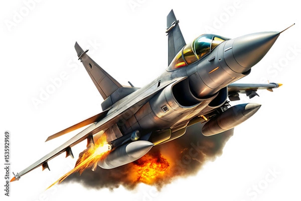 Fototapeta Grey Fighter Jet in Flight Side View Dramatic Lighting Intense Orange and Yellow Flames from Engines Smoke Trails A I G E N E R A T E D - P N G isolated on a transparent background