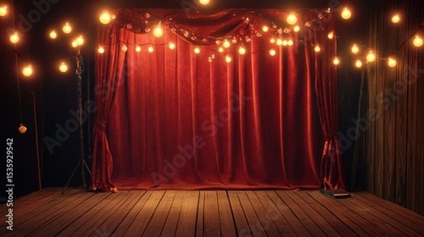 Obraz Vintage puppet theater stage with enchanting red curtains and warm fairy lights inviting creativity and storytelling in a whimsical atmosphere