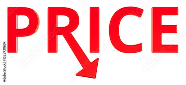 Obraz Price drop with red arrow. 3D rendering isolated on transparent background