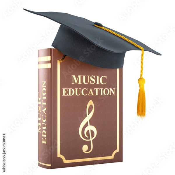 Obraz Music education concept. Book with treble clef and graduation cap. 3D rendering isolated on transparent background