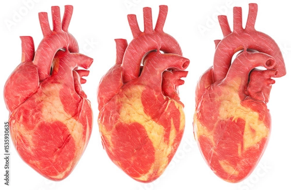 Fototapeta Human heart 3d model, three angles. 3D rendering isolated on transparent background