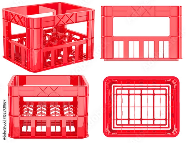 Obraz Plastic crate for bottles, red 3d model, four angles. 3D rendering isolated on transparent background