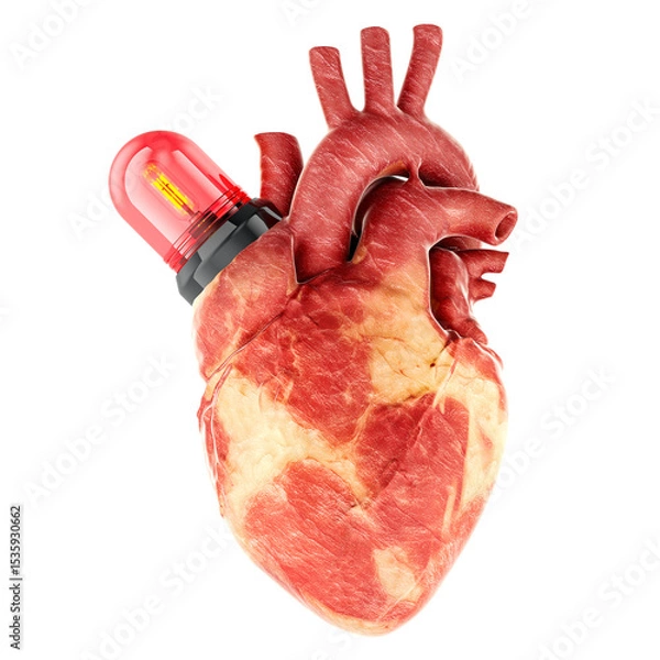 Obraz Heart with emergency siren. Urgent medical care, cardiology crisis or warning concept. 3D rendering isolated on transparent background