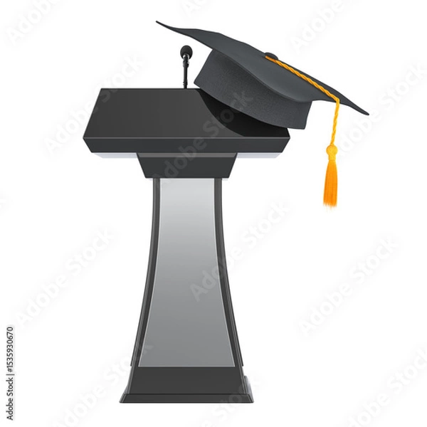 Obraz Graduation cap on podium with microphone. Academic achievement, speech or ceremony, concept. 3D rendering isolated on transparent background