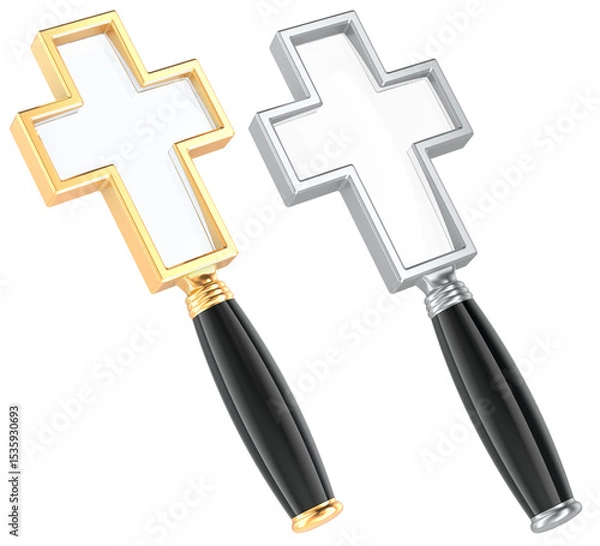 Obraz Religious search, faith exploration and study concept. Magnifying glasses in shape of Christian crosses, gold and silver. 3D rendering isolated on transparent background