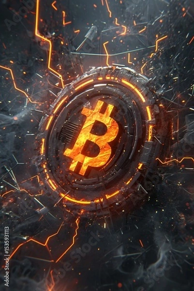 Obraz Futuristic technology background with glowing bitcoin symbol

