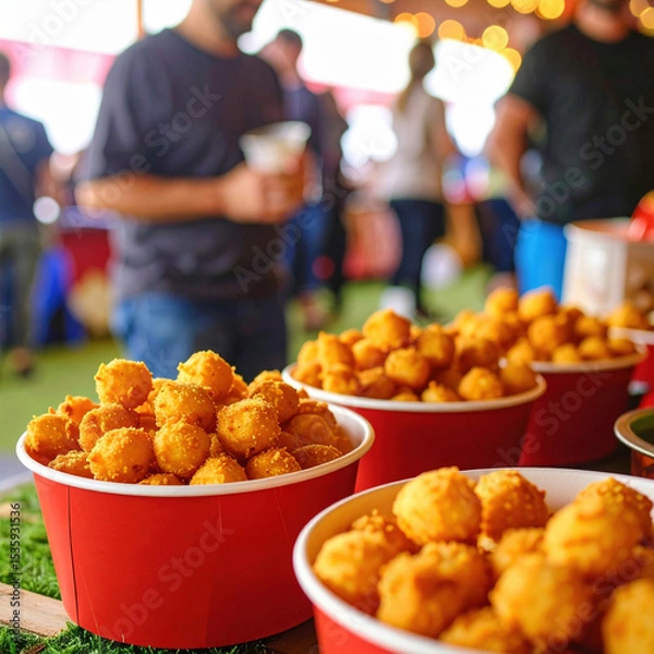 Fototapeta Delicious cheese curds served in red cups at lively fair, surrounded by people enjoying festive atmosphere. golden treats are crispy and inviting, perfect for sharing