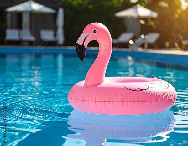 Obraz 선명한 푸른 수영장 물 위에 떠있는 귀여운 핑크색 플라밍고 튜브 Cute pink flamingo tube floating on bright blue pool water
