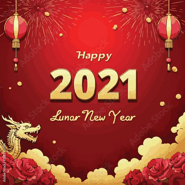 Fototapeta Celebrate a Joyful Lunar New Year Day with Festive Decorations, Traditional Symbols, Red Envelopes, and Fireworks – A Perfect Post to Share Happiness, Prosperity, and Cultural Greetings Worldwide

