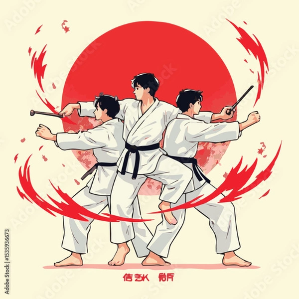 Fototapeta Dynamic Vector Cartoon Illustration Featuring Warriors and Soldiers in Action – Karate, Taekwondo, Baseball Players Engaged in Sport and Fight Scenes with Energetic Sketch Style Art

