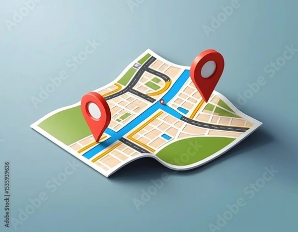 Fototapeta Stylized Isometric Map with Location Pointers for Navigation Applications