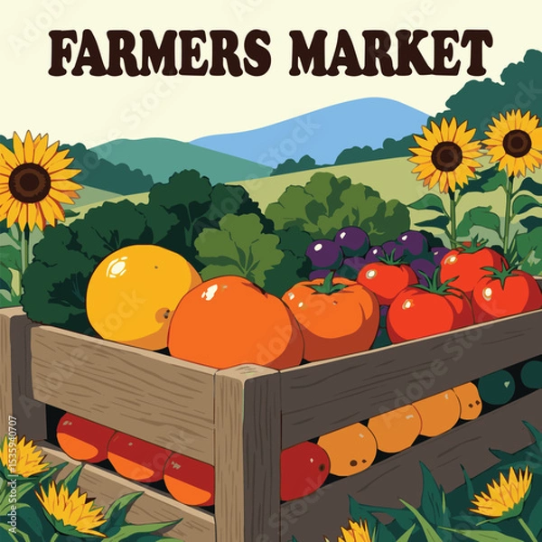 Fototapeta Fresh vector illustration of autumn vegetable basket with pumpkins, tomatoes, peppers, and cucumbers – perfect for healthy diet, organic market, Halloween harvest, and vegetarian food design concepts.