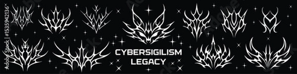 Obraz Cybersigilism Tattoo legacy, Neo tribal Cyber patterns in different styles. Gothic tattoo, 3D digital art. Vector silhouette