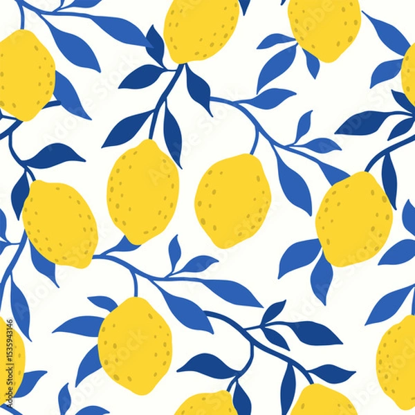 Obraz Hand drawn colorful seamless pattern of hand drawn lemons. Citrus fruit background. Perfect for textile manufacturing wallpaper posters etc. Vector illustration